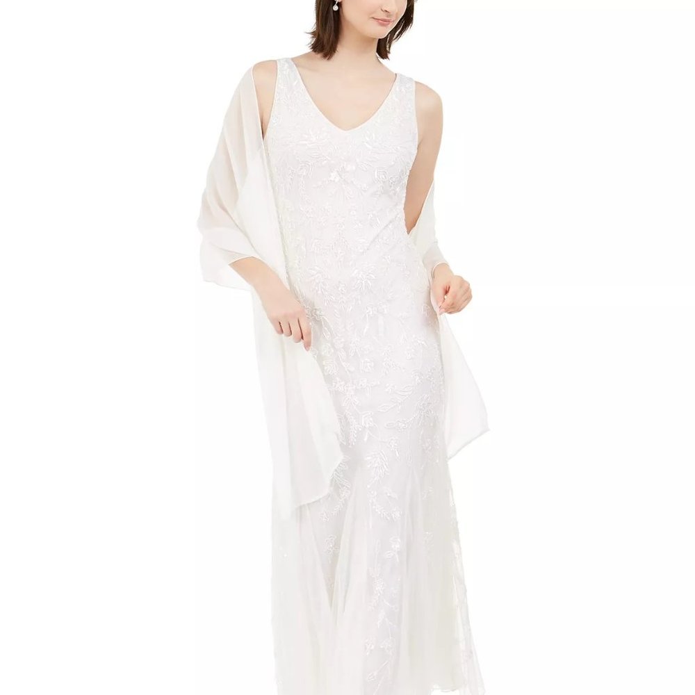 J KARA Beaded Gown & Scarf White Ivory Size 16